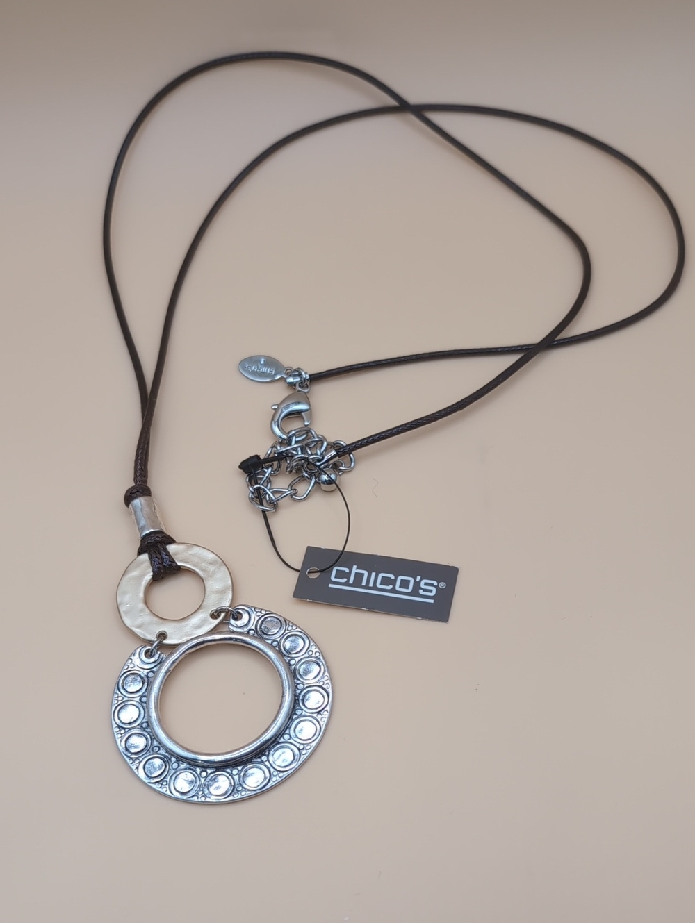 Chico's Mixed Metal Hammered Silver & Gold Tone Pendant Necklace Brown Cord NWT